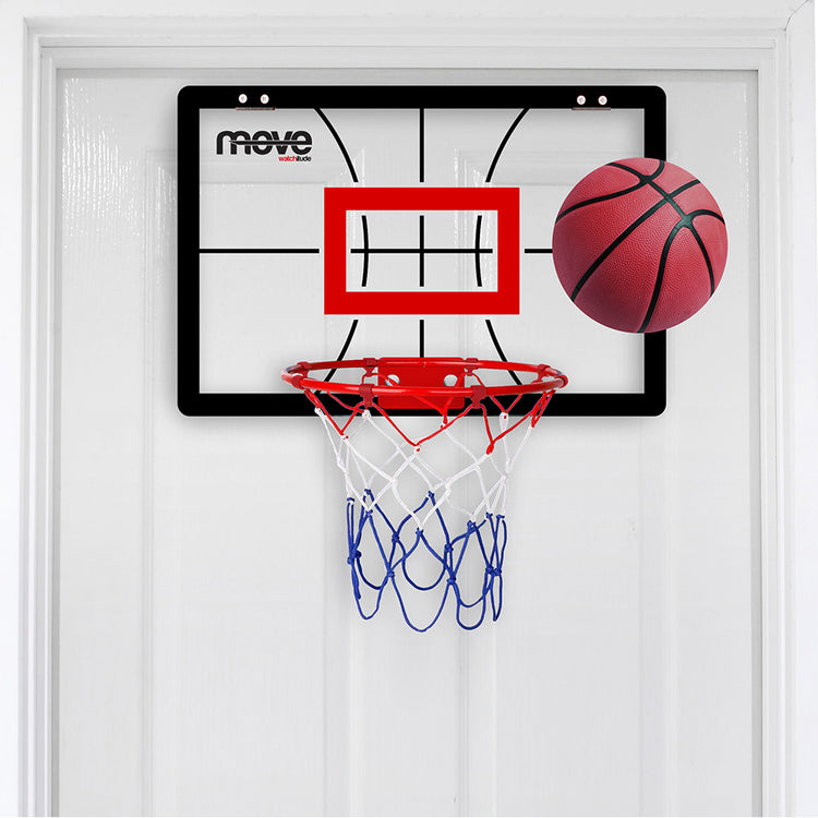 Kids indoor over-the-door basketball hoop set with red rim, tri-color net, and mini basketball