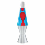 14.5 inch lava lamp with red wax, blue liquid, and silver metallic base and cap