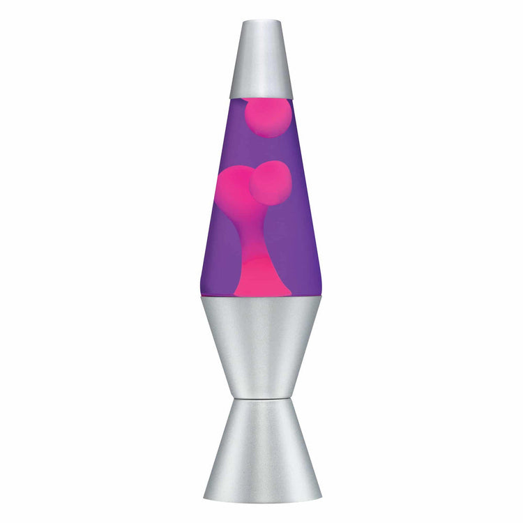14.5-inch lava lamp with pink wax blobs in purple liquid and silver metallic base