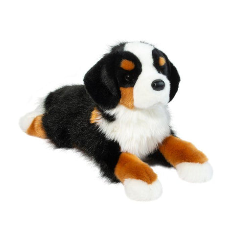Douglas Trooper Bernese Mountain Dog plush toy lying down with tricolor fur