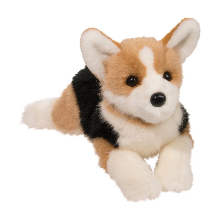 Douglas Cuddle Toys Konner tri-color Corgi plush stuffed animal lying down facing forward