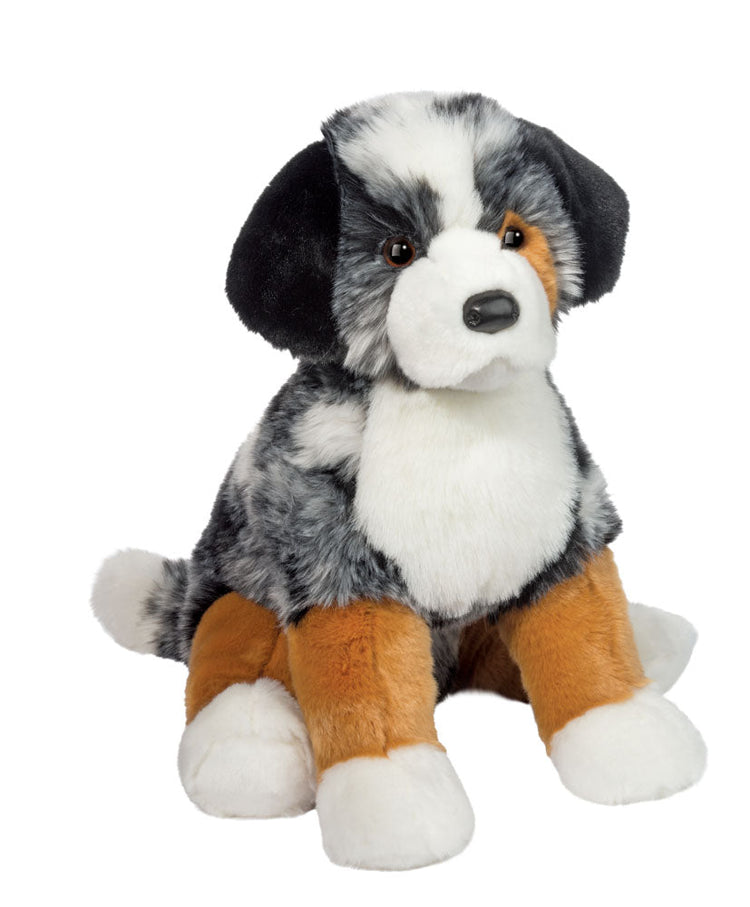 Aspen Australian Shepherd stuffed animal plush toy sitting upright with merle black, white, and tan coloring