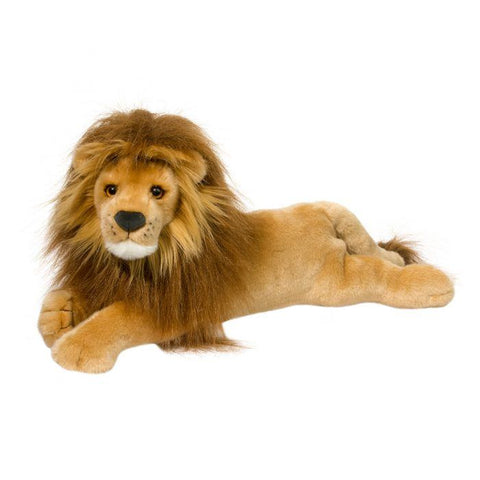 Zeus Lion plush stuffed animal lying down with fluffy brown mane on white background