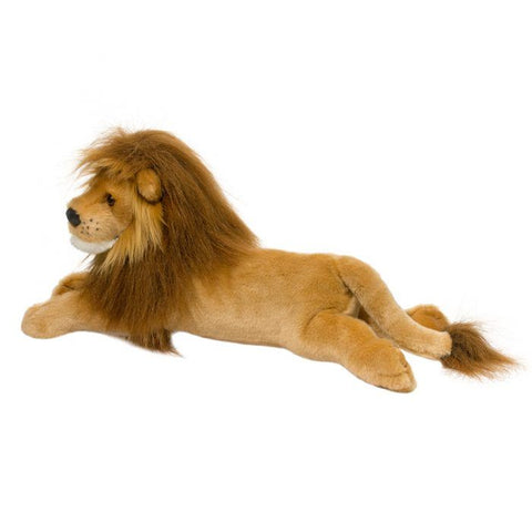 Zeus Lion plush stuffed animal lying down with fluffy brown mane on white background