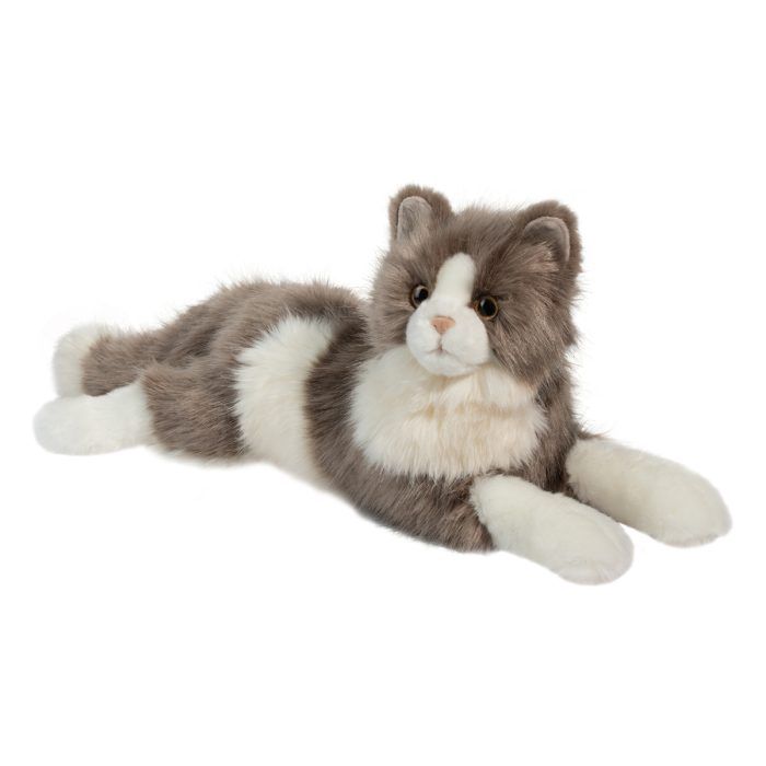 Douglas Gretta DLux stuffed cat plush toy lying down in gray and white