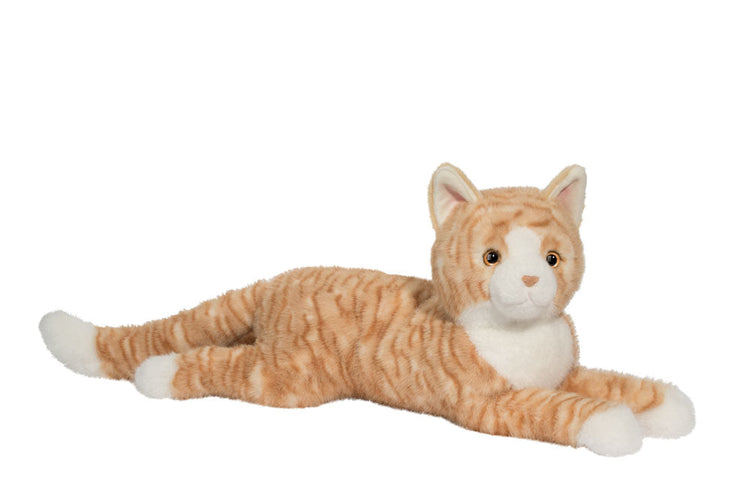Plush orange tabby striped cat stuffed animal lying down with white paws and chest