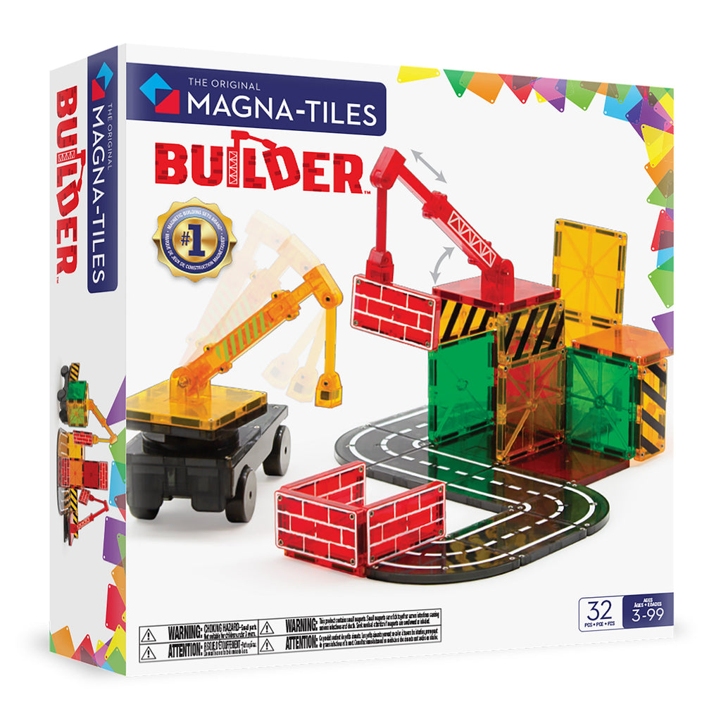 Magna-Tiles Builder 32-piece set box showing magnetic construction tiles with crane vehicle and track