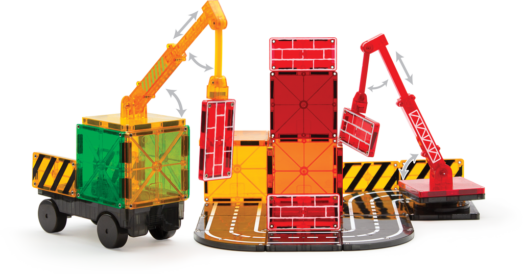 Magna-Tiles Builder 32-piece set showing crane vehicles, magnetic panels, and rotating base