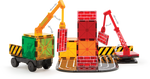 Magna-Tiles Builder 32-piece set showing crane vehicles, magnetic panels, and rotating base