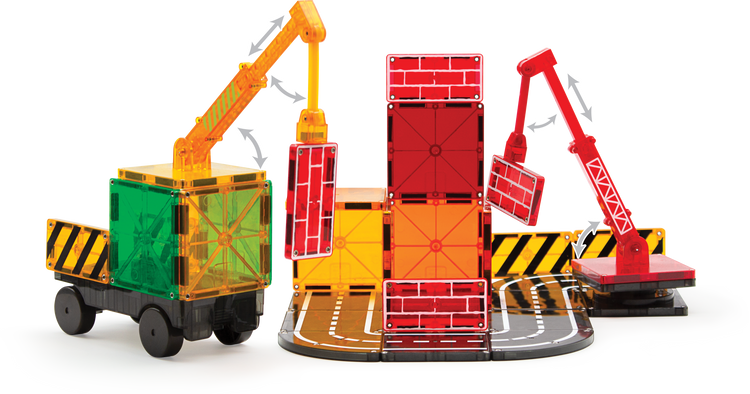 Magna-Tiles Builder 32-piece set showing crane vehicles, magnetic panels, and rotating base