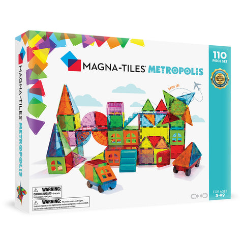 Magna-Tiles Metropolis 110-piece magnetic building set box with colorful tile structures displayed