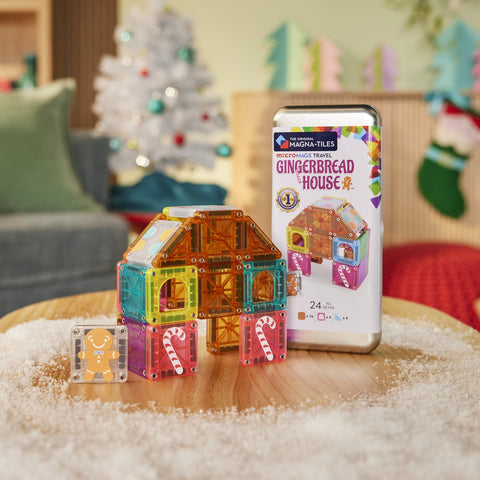 Magna-Tiles MicroMags Travel Gingerbread House 24-piece magnetic tile set in tin case
