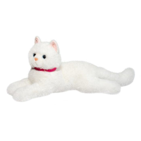 White plush cat toy with blue eyes, pink collar, lying down on white background