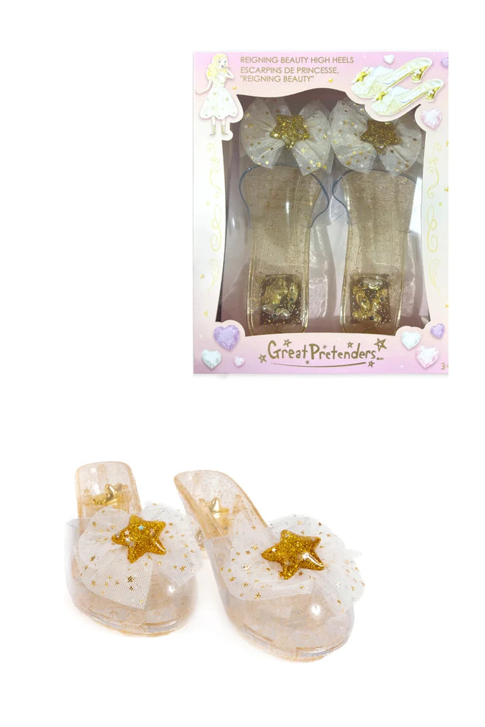 Great Pretenders Reigning Beauty gold glitter high heel dress-up shoes for children with star embellishment