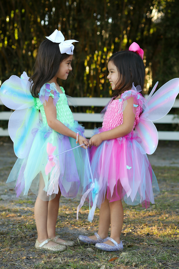 Two girls in fairy costumes with butterfly wings and wands, one wearing green multicolor dress