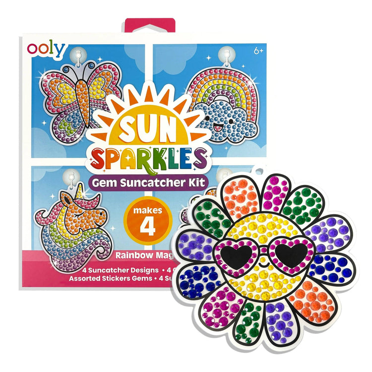Ooly Sun Sparkles Rainbow Magic Gem Suncatcher Kit showing colorful butterfly, unicorn, rainbow, and flower designs