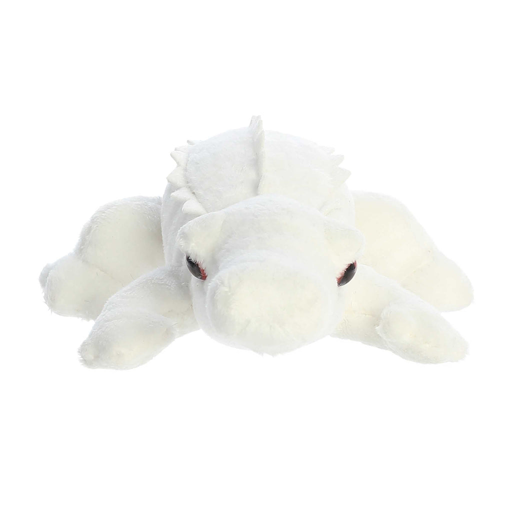 White albino alligator stuffed plush toy lying flat with dark red eyes