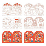 Dog-themed coloring book pages and sticker sheets featuring various illustrated dog breeds in red and white.