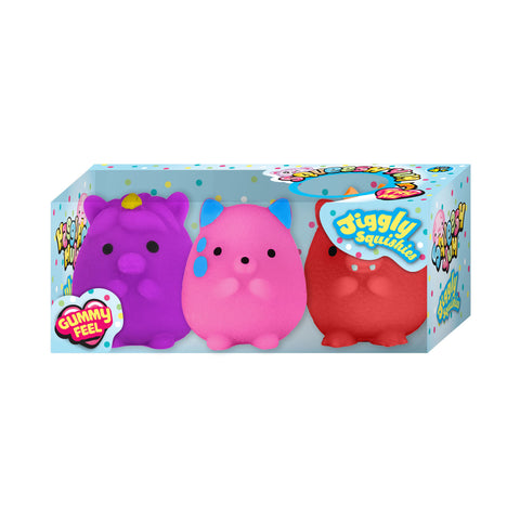 Squeezy Yum Jiggly Buddies 3-pack featuring green, blue elephant, and orange squishy animal toys