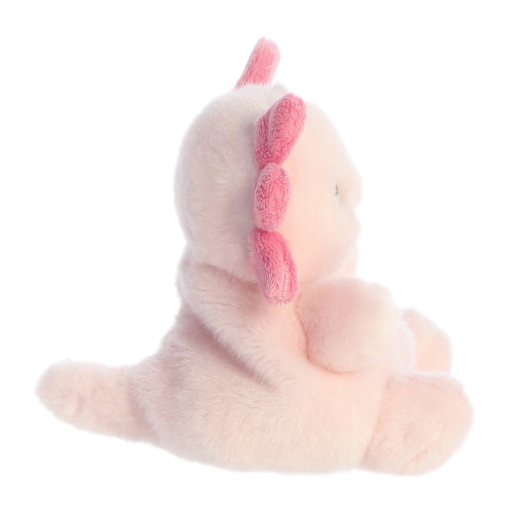 Palm Pals Ax Axolotl pink plush toy with darker pink gill frills, side view