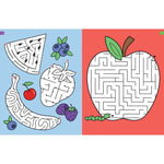 Interior spread of Challenging Mazes book showing fruit-shaped maze puzzles for kids