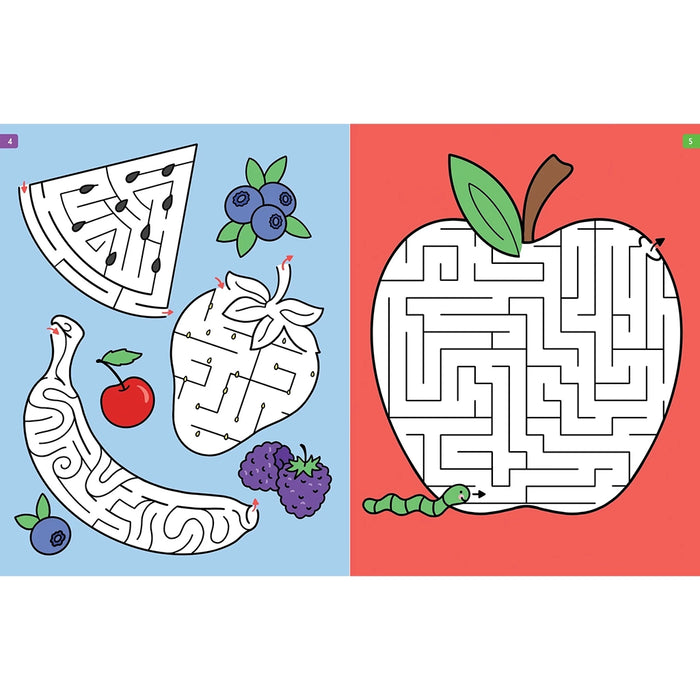 Interior spread of Challenging Mazes book showing fruit-shaped maze puzzles for kids