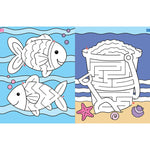 Interior pages of Challenging Mazes book showing fish coloring and beach bucket maze activities