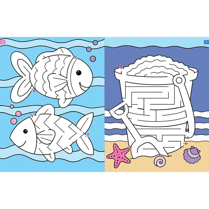 Interior pages of Challenging Mazes book showing fish coloring and beach bucket maze activities
