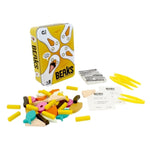 Beaks board game tin with seagull graphics, wooden food pieces, cards, and yellow chip tokens