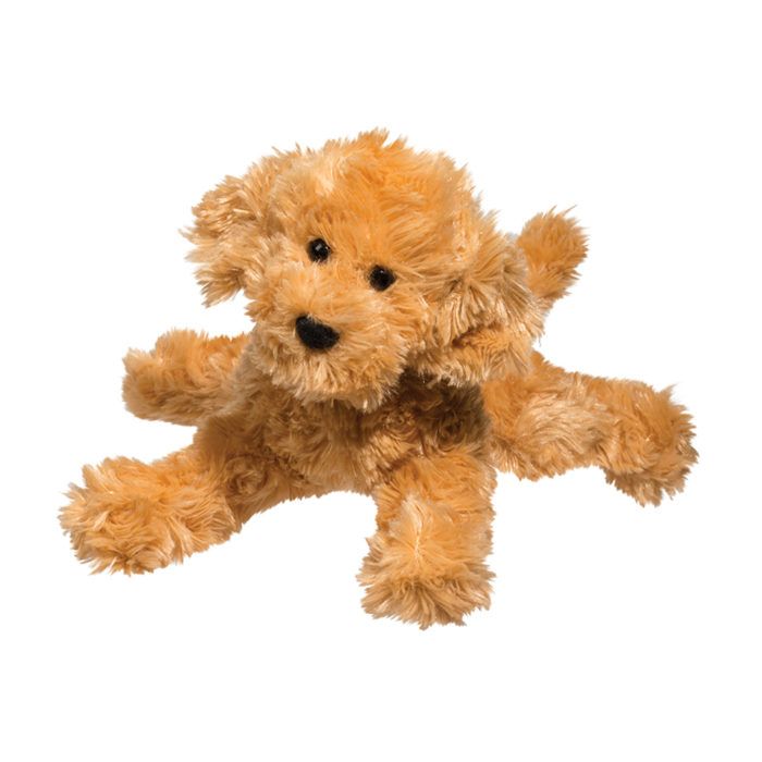 Fluffy golden caramel Labradoodle puppy plush toy with soft curly fur lying down