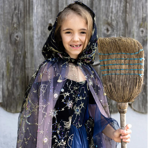 Child-sized navy hooded cloak with gold constellation embroidery and layered lavender tulle hem