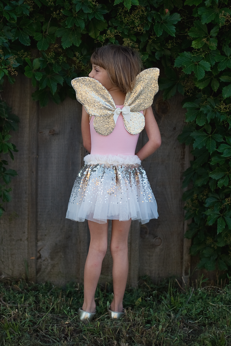 Child wearing gold sequin butterfly wings with silver sequin tutu skirt fairy costume