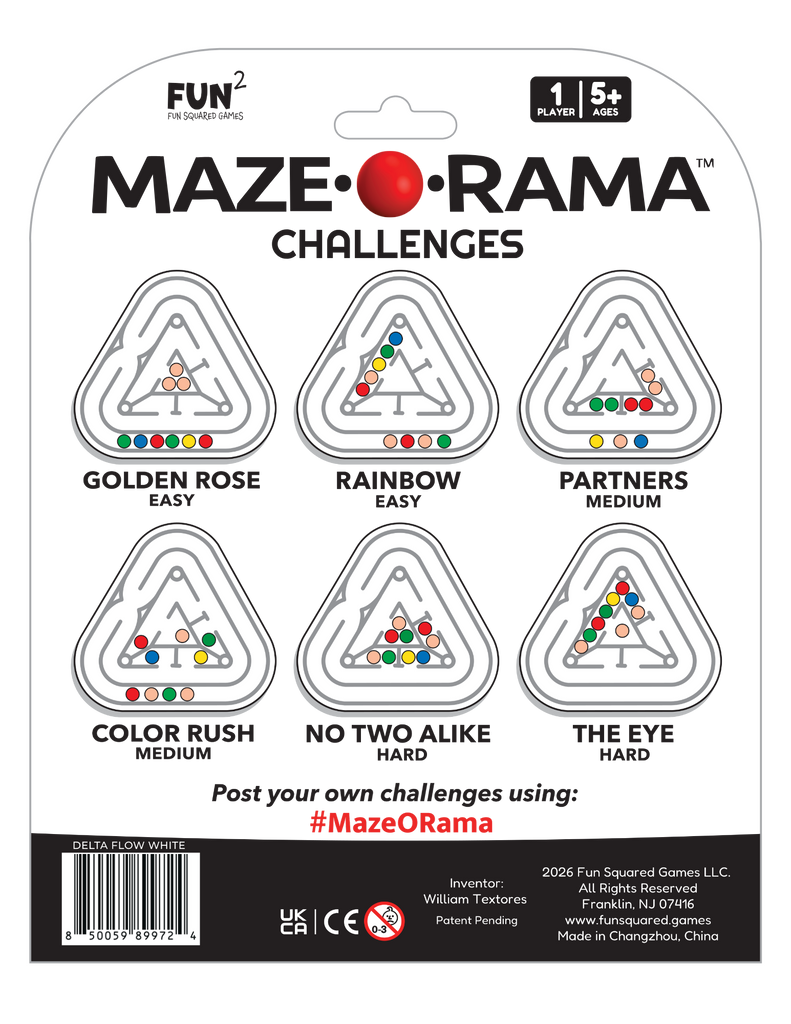 Maze-O-Rama Delta Flow White puzzle game back packaging showing six maze challenges for ages 5 and up