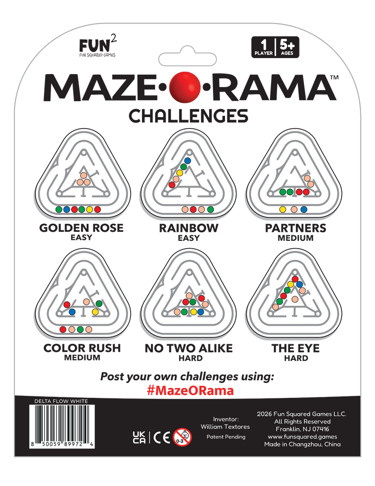 Maze-O-Rama Delta Flow White puzzle game back packaging showing six maze challenges for ages 5 and up