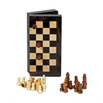Magnetic folding chess set with black stained wood board and wooden pieces displayed open