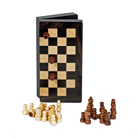 WE Games magnetic folding chess set in black stained wood with wooden pieces displayed on box packaging