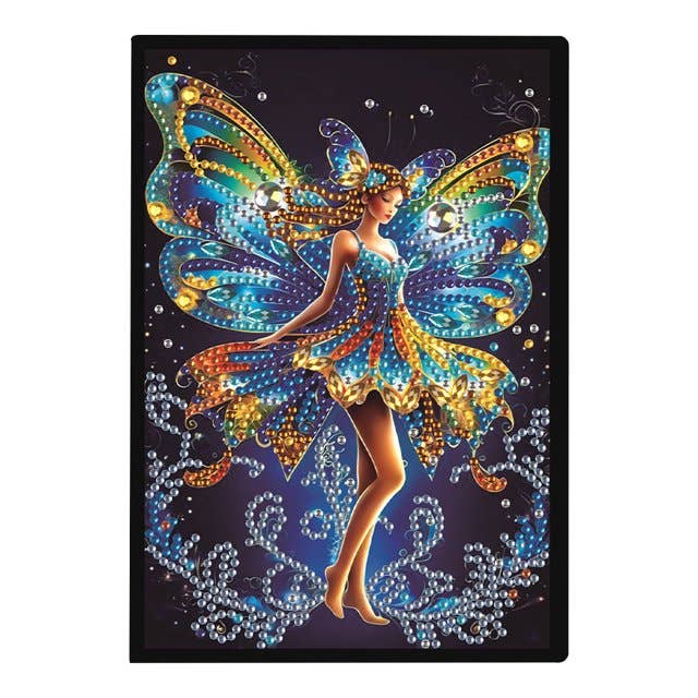 Diamond painting notebook cover featuring a glittering fairy with colorful butterfly wings on dark background
