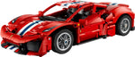 LEGO Technic Ferrari 488 Pista red sports car model with racing stripes on white background