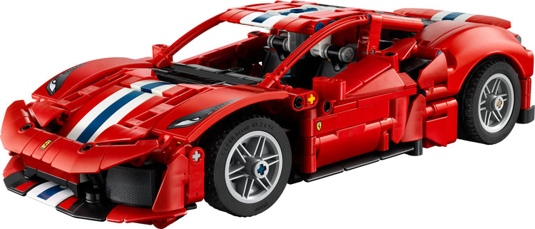 LEGO Technic Ferrari 488 Pista red sports car model with racing stripes on white background