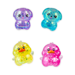 Four glitter-filled squishy toys: two puppy shapes in purple and blue, two duck shapes in yellow and pink