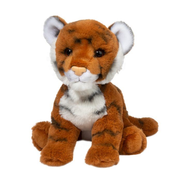 Douglas Romie Tiger soft plush toy sitting upright on white background with striped detailing