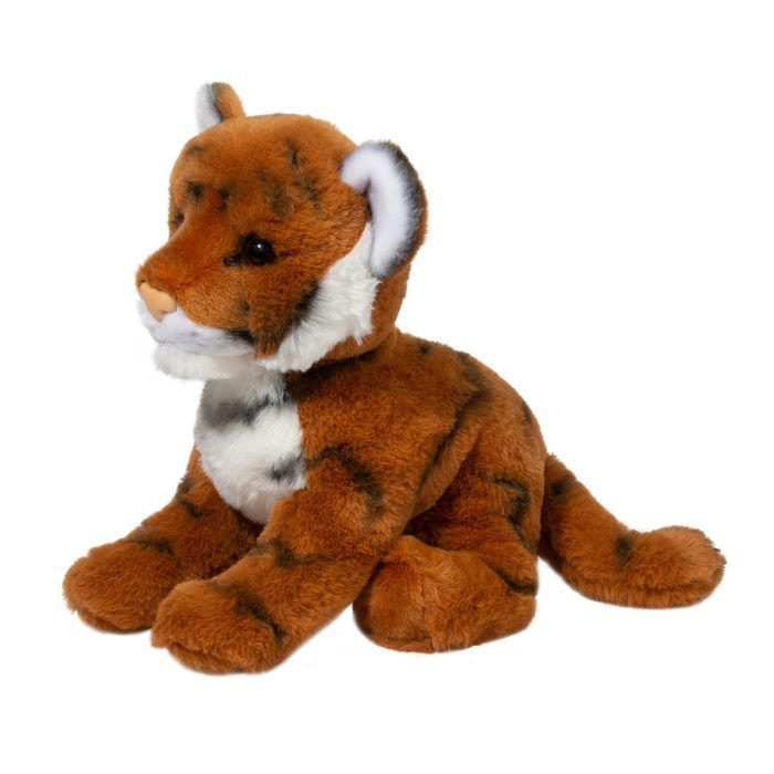 Romie tiger soft plush toy seated with brown fur, black stripes, and white chest