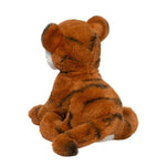 Romie tiger soft plush toy shown from rear, orange-brown with black stripes, seated position