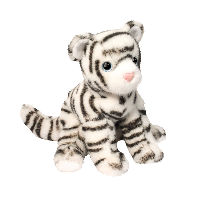 Douglas Zippie white tiger mini plush toy with blue eyes and dark stripes seated position