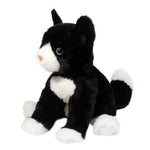 Super soft black and white tuxedo cat plush toy sitting upright with blue eyes