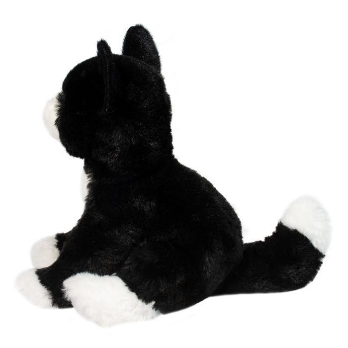 Beckie black and white tuxedo cat stuffed animal plush toy sitting posed on white background