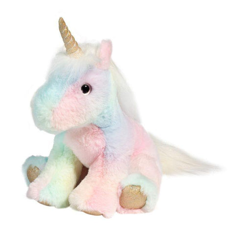 Soft plush rainbow unicorn stuffed animal with gold horn and pastel multicolor fur