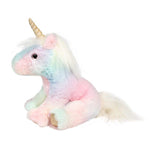 Soft plush rainbow unicorn stuffed animal with gold horn and white flowing mane