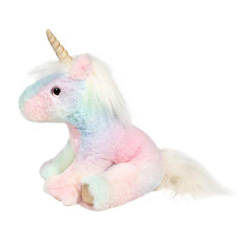 Soft plush rainbow unicorn stuffed animal with gold horn and pastel multicolor fur