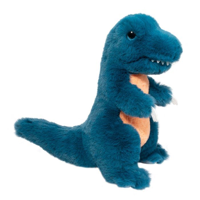 Blue plush T-Rex stuffed animal with orange belly, white teeth, and glossy eyes